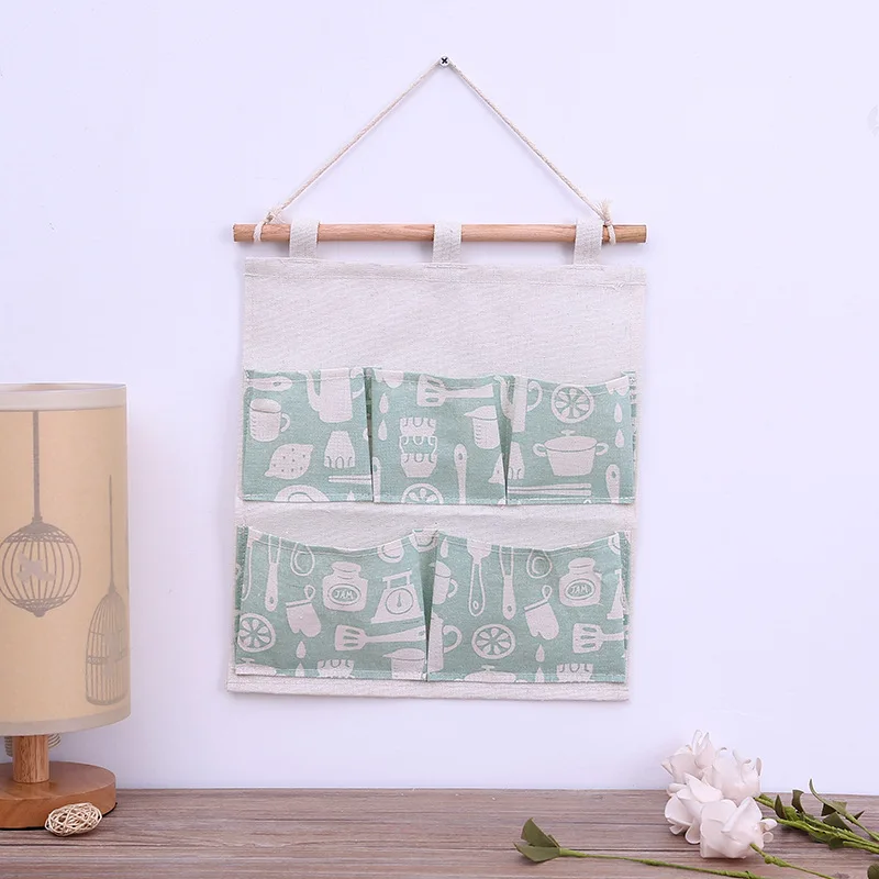Green tableware Фламинго шаблон хлопок белье висячая сумка для хранения 5 карманов настенный шкаф висячая сумка карман на дверь милые игрушки Органайзер - Цвет: Green tableware