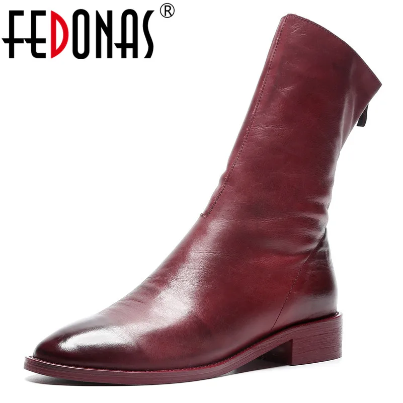 Женские ботинки FEDONAS черные теплые мотоциклетные из коровьей кожи на молнии