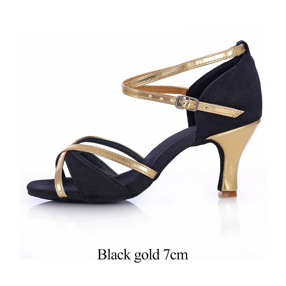 Black gold 7cm Женская обувь для латинских танцев, профессиональная обувь для девочек, Женская Обувь для бальных танцев, Танго, сальсы, танцевальная обувь на каблуке 5 см/7 см, черный/красный цвет - Цвет: Black gold 7cm