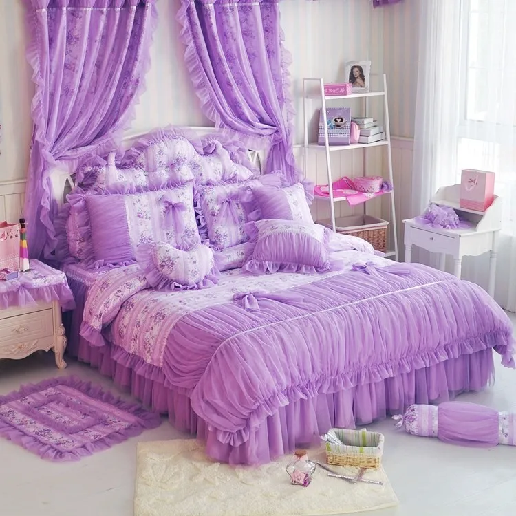 100%Cotton Purple Floral Girls Princess Bedding Set Twin Queen King size Duvet cover Bedsheet set Bedskirt linen Pillowcase