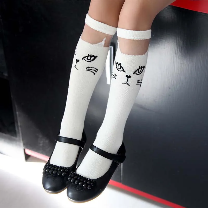 White Cat Черные и белые кружевные Гольфы с рисунком кота для маленьких девочек новое поступление детских носков милые длинные хлопковые детские носки, Лидер продаж - Цвет: White Cat