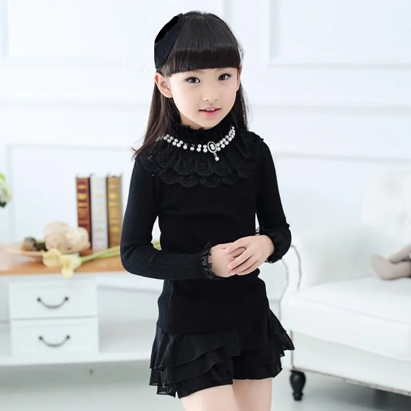 girls pullover Белый и черный свитер с длинными рукавами для девочек-подростков, топы, кружевные детские вязаные пуловеры, свитера, кардиган, детская одежда - Цвет: girls pullover