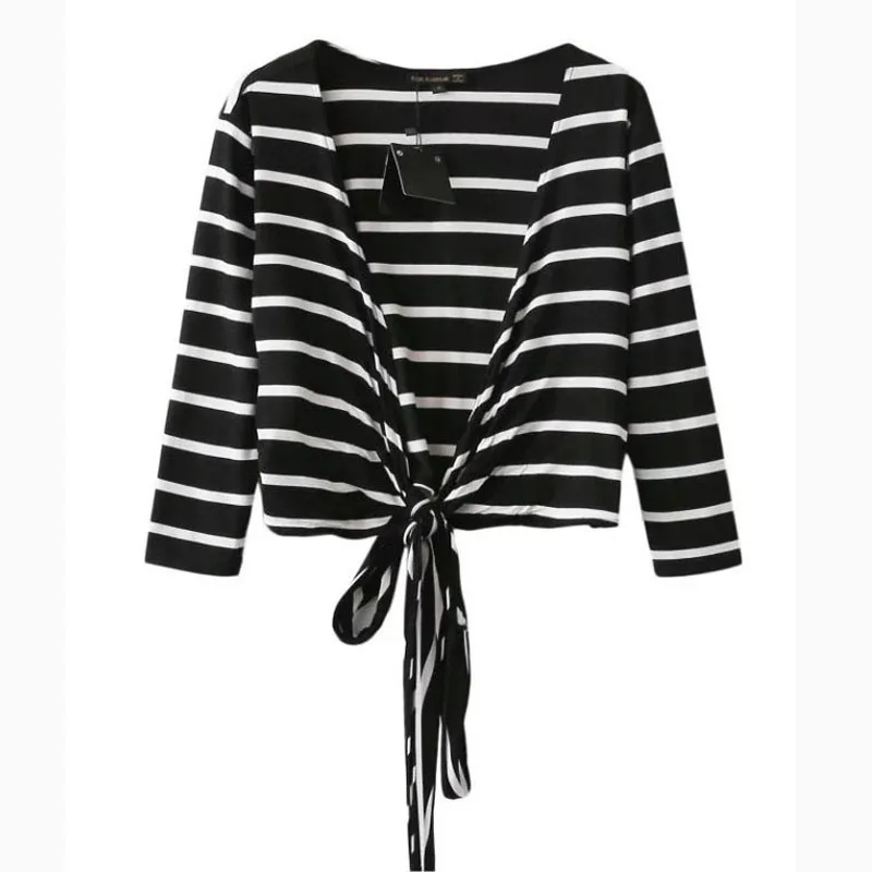 New 2017 Autumn Strip Crop Tops European Style Sexy Deep V Neck Cross T shirt Girl T-shirt Hollow Out Cropped Top For Women | Женская