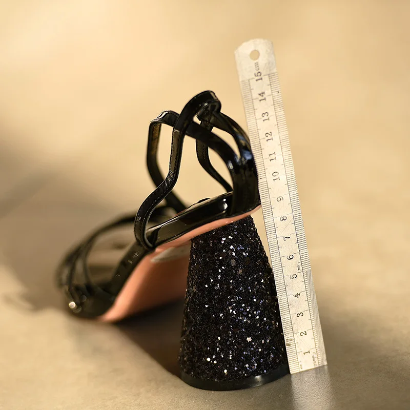 black Sandals Crystal Open Toed High Heels Sexy Women Cover Heel Buckle Strap Pumps 9CM size 35-39 f604 | Обувь