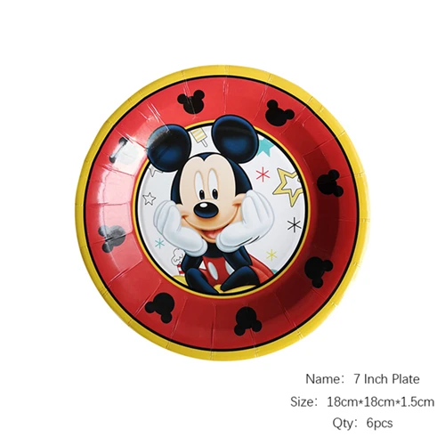 7inch plate 6pcs Красный Детский комплект для украшения дня рождения с изображением Микки из мультфильма; вечерние принадлежности для дня рождения - Цвет: 7inch plate 6pcs