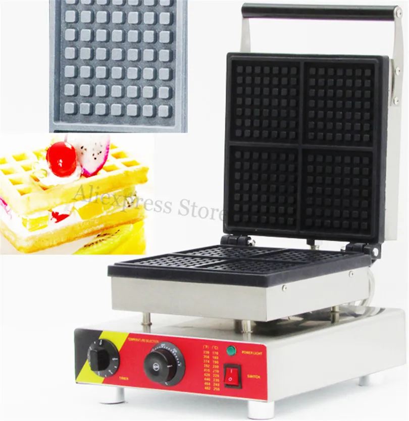 

Stainless Steel Square Liege Waffle Machine Electric Square Waffle Baking Device 4 pcs Molds Snack Street