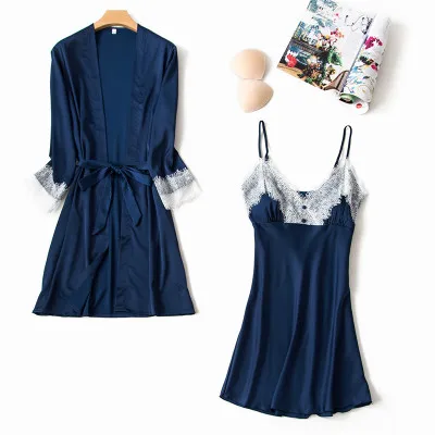 navy blue Daeyard, женские шелковые пижамы, 4 шт, пижамные комплекты, одежда для сна, Сексуальная кружевная отделка, для сна, для отдыха, v-образный вырез, халат, пижама, весна-лето, домашняя одежда - Цвет: navy blue