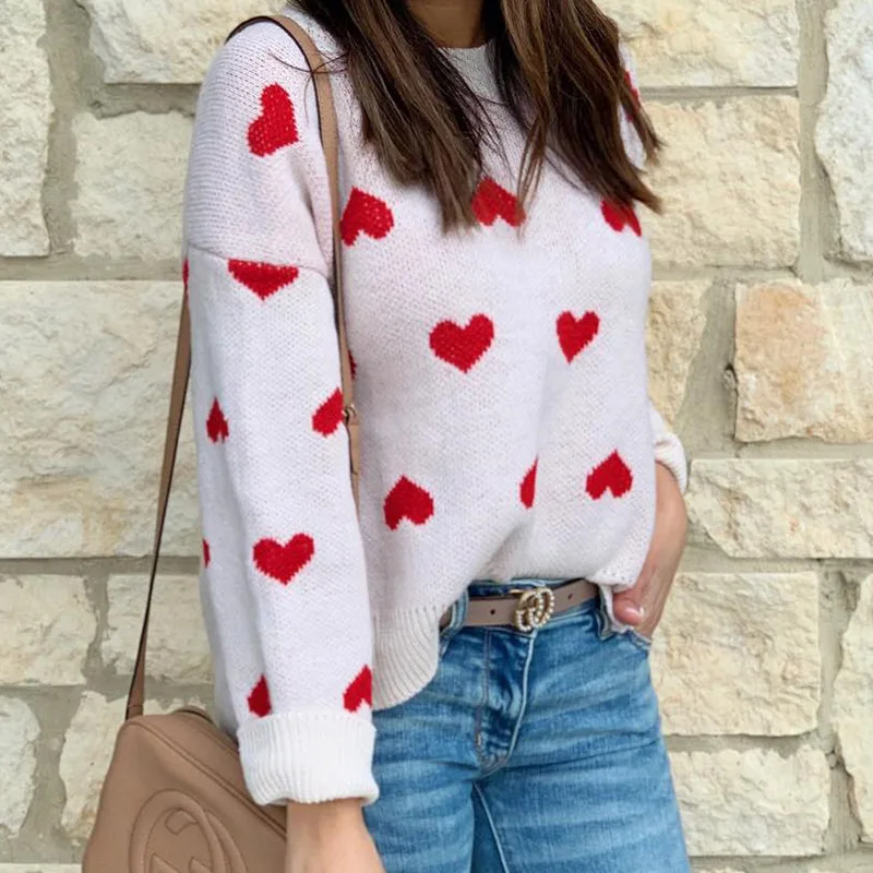 CHRLEISURE Ladies Cute Pullover Casual Loose Sweater Love Decoration Long Sleeve Plus Size | Женская одежда