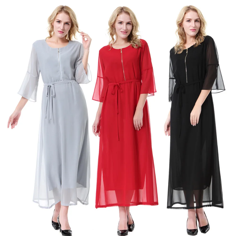 

muslim dress abaya Arab clothing women Middle sleeve Malaysia long skirt round collar with zipper front and waistband TH915