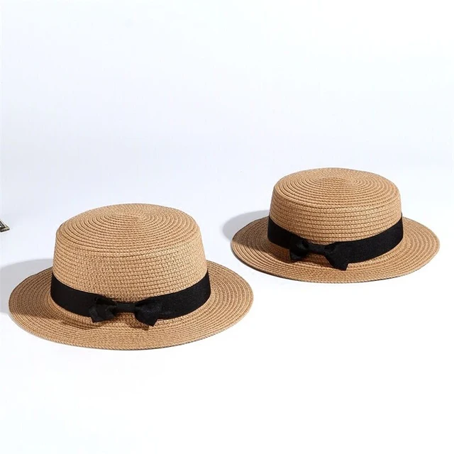 Simple Summer Parent-child Beach Hat Female Flat Brim Bowknot Straw cap girls Sun Hat 2