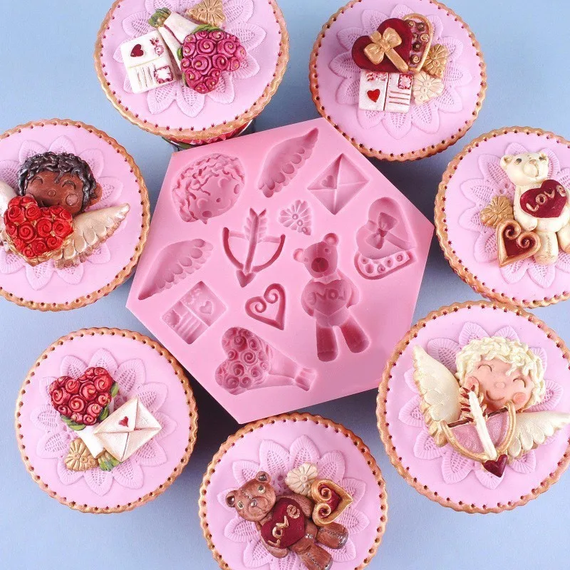 Mujiang 3D Angel Heart Cupcake Silicone Mold Bear Candy Chocolate Polymer Clay Moulds Wedding Fondant Cake Decorating Tools