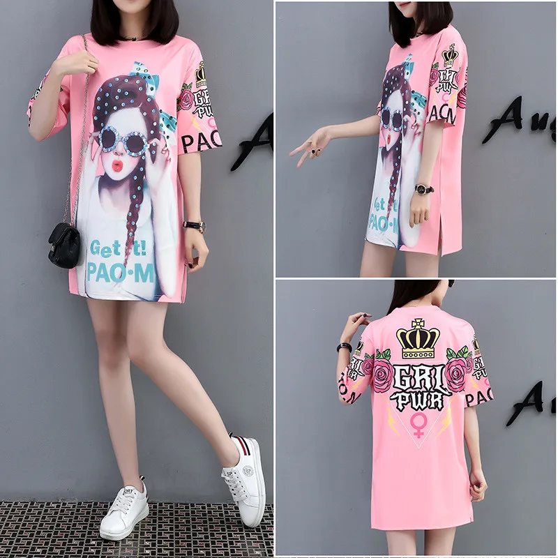 Fashion Summer Oversized Loose Dress Women Plus Size O Neck Half Sleeves Printed Casual T Shirt Dress Streetwear Mini Dress