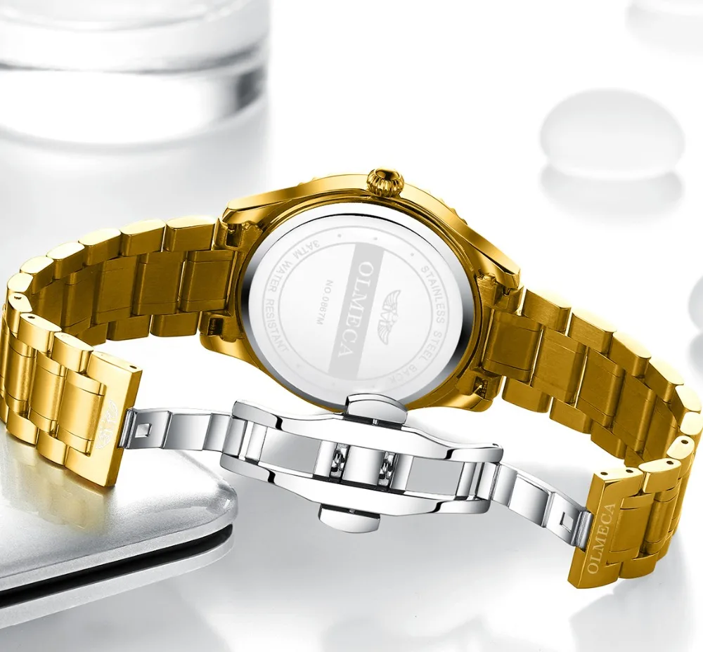 OLMECA мужские часы золотые из нержавеющей стали водонепроницаемые кварцевые