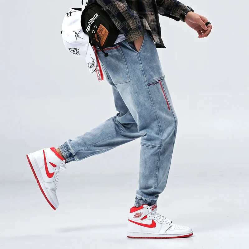 Светильник синие джинсы-шаровары с завязками Стрейчевые свободные джинсы