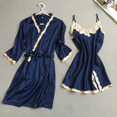 dark blue Новое поступление, Дамский пикантный Шелковый Атласный вечерний комплект с платьем, кружевной банный халат, комплект летней одежды для сна, модный халат и ночная рубашка для женщин - Цвет: dark blue