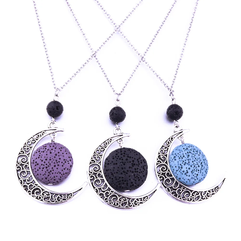 

Colorful Lava Stone Moon Necklace Diy Volcano Stone Aromatherapy Essential Oil Diffuser Necklace For Women Jewelry