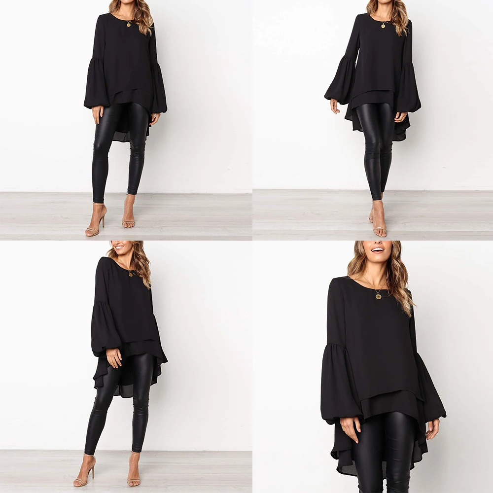 Длинный рукав фонаря Асимметричная Высокая Низкая рубашка осень зима женские