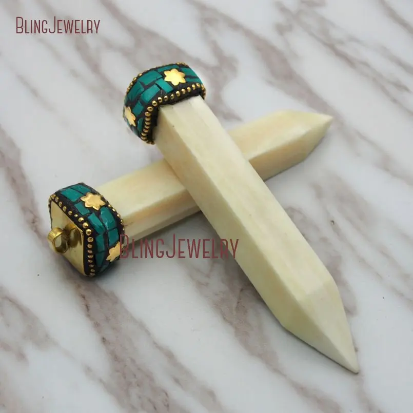 

Ox Bull Bone Pendant Dot Inlay Quadrangular Prism Pendant with Turquoises Accent and Brass Cap PM9085