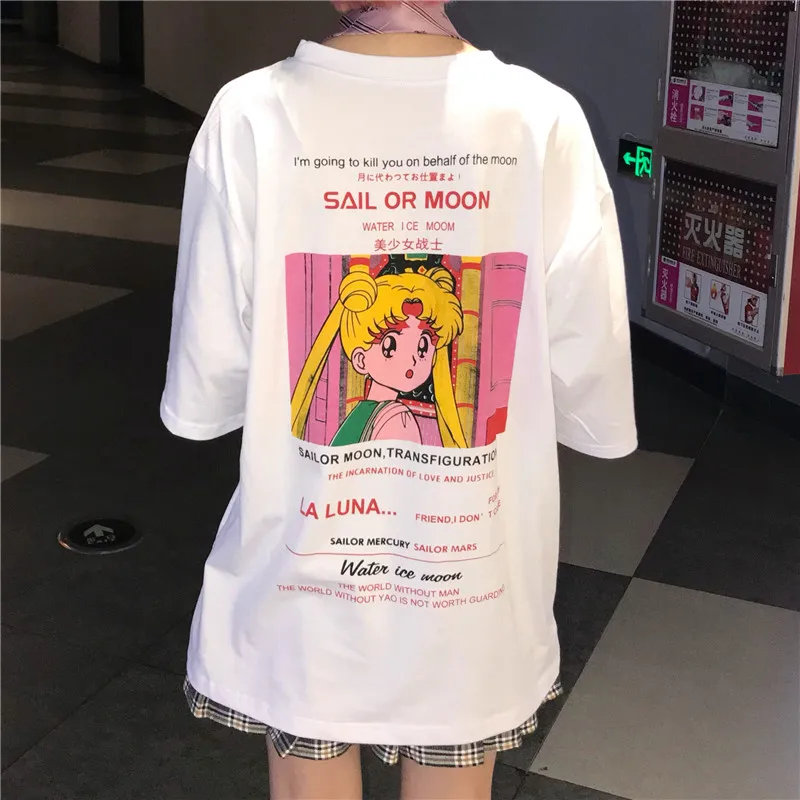 Camisetas Mujer 2020 летние топы корейские Ulzzang Harajuku мультфильм Сейлор Мун короткий рукав