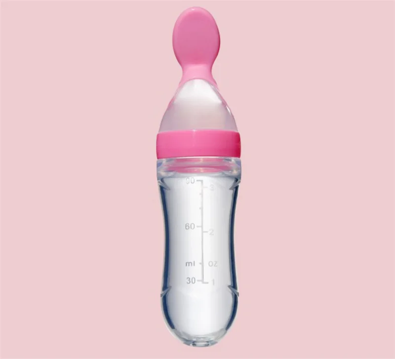 PINK Сжимающая бутылочка для кормления, силиконовая ложка для обучения новорожденных, рисовая ложка для младенцев, пищевая добавка, питатель, безопасная посуда, инструменты - Цвет: PINK