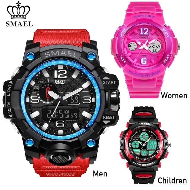 Red Pink Red SMAEL, Семейный комплект, спортивные часы, мужские, модные, роскошные, семейная посылка, часы, Повседневный, водонепроницаемый, светодиодный, цифровой, кварцевые, мужские, женские, наручные часы - Цвет: Red Pink Red