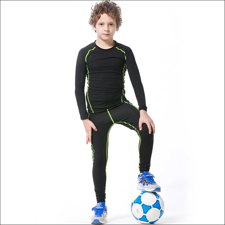 

2017 New Kids Boys compression runing pants shirts set jerseys survetement football youth soccer training skinny tights leggings