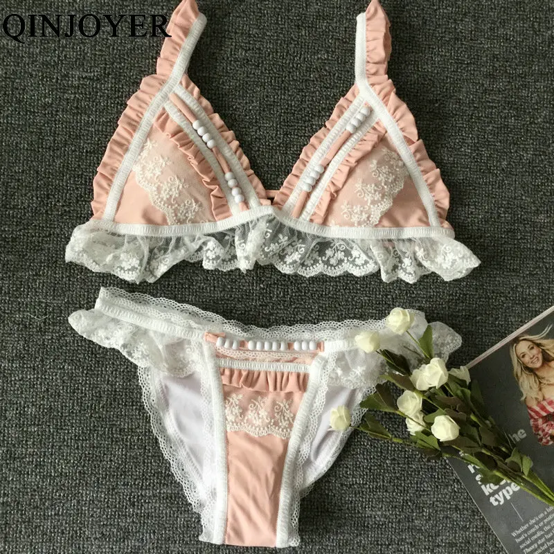 QINJOYER Sexy Micro Bikini Set Lace Up Brazilian Swimsuit Women 2019 Thong Bathing Suits Halter Mini Push Swimwear | Женская одежда