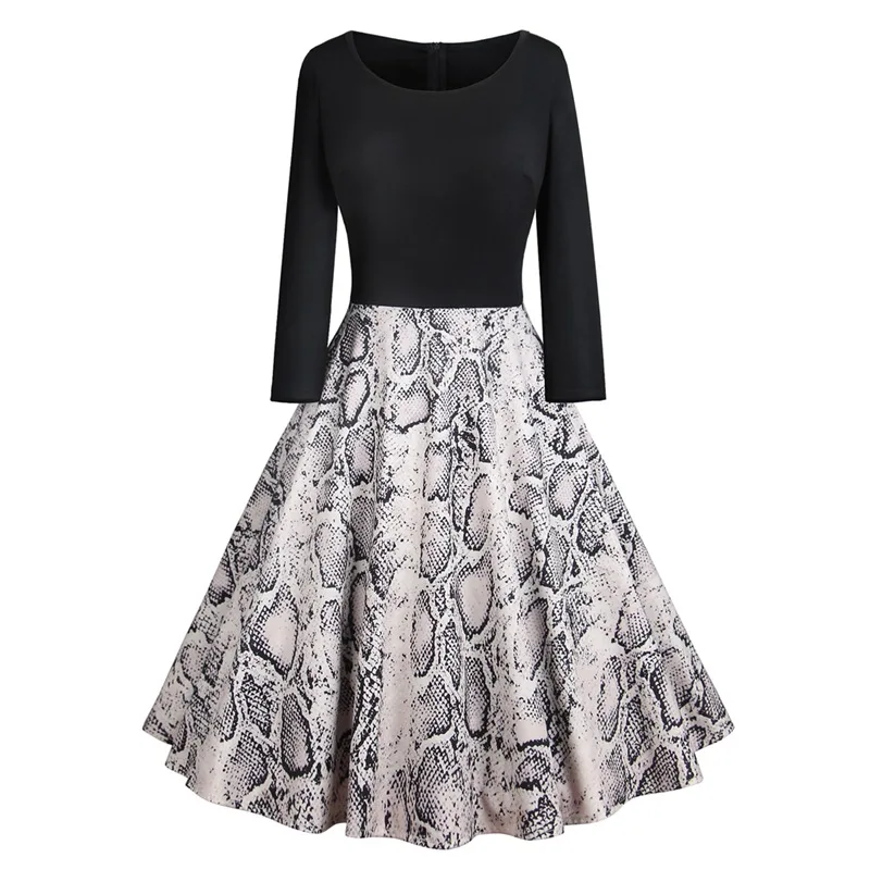 HeyGalSing Women Vintage Print Patchwork Dress 2018 Winter New Round Neck 3/4 Sleeve Swing Midi Elegant Party | Женская одежда