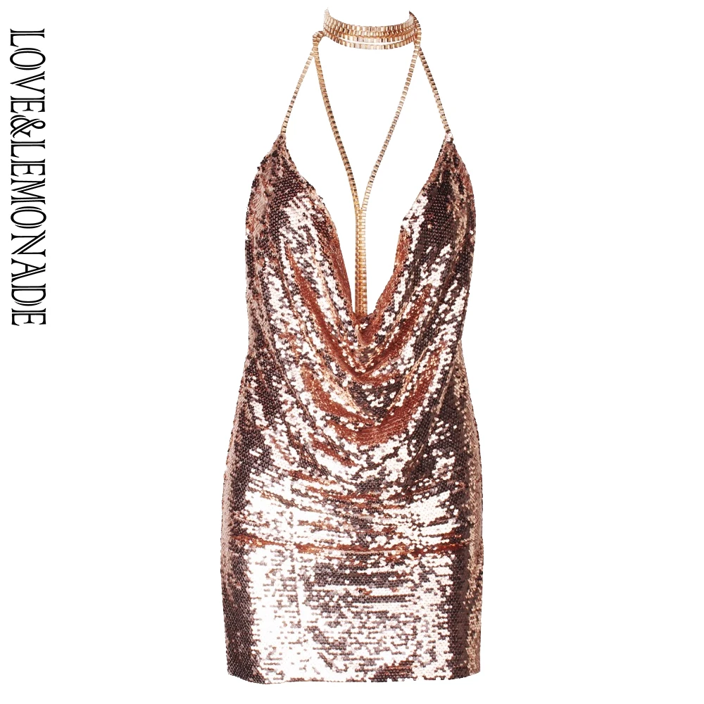 Золотое Платье с v-образным вырезом и лямкой на шее Love& Lemonade TB 9825