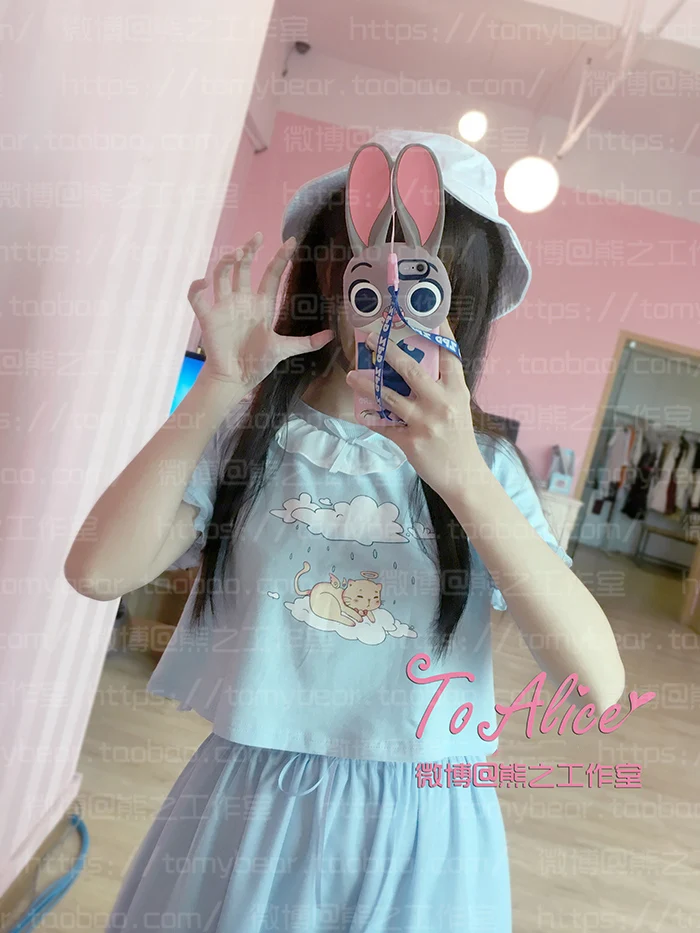 Очень милый Голубой комплект для малышей с рисунком небесного кота, Shoujou Kawaii, короткая футболка и сетчатая многослойная юбка средней длины летний костюм в стиле Лолиты