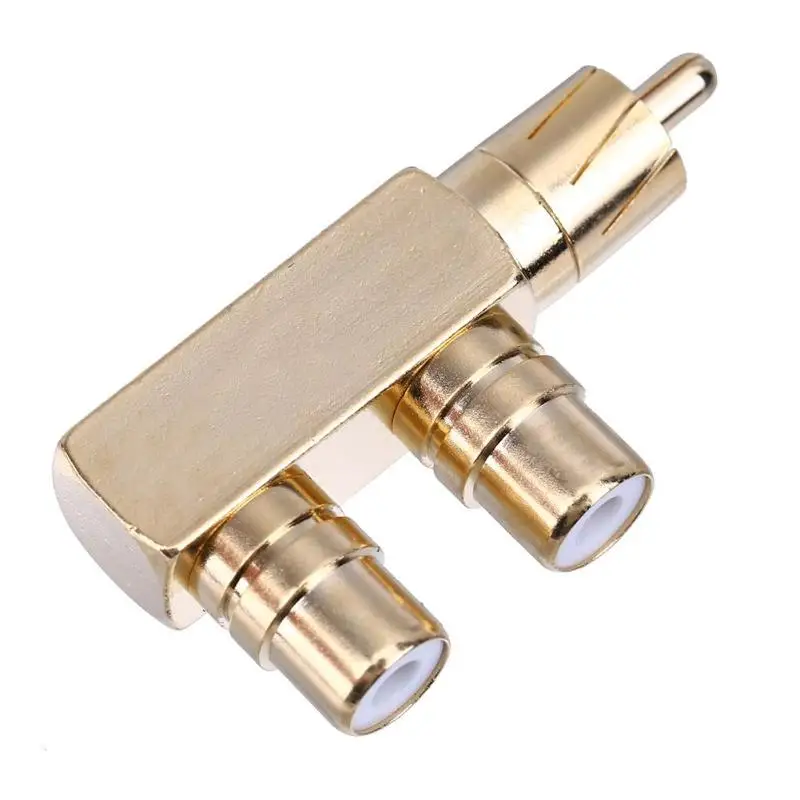 

RCA Male to 2 RCA Female Right Angle Audio Plug Splitter Adapter Converter Connector Copper Gold Plated 45x22x12mm
