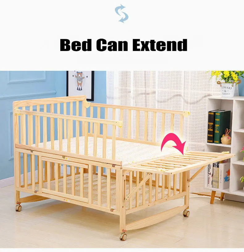 Multifunctional Twins Bed With Bedding Set and Mosquito Net, Bed can Extend and can Joint With Adult Bed, Pine Wood Baby Crib