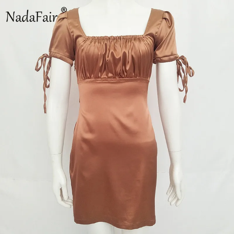 Nadafair, атласное, сексуальное, мини, летнее платье, для женщин, короткий рукав, шелк, вечерние, для клуба, ТРАПЕЦИЕВИДНОЕ ПЛАТЬЕ, с рюшами, квадратный воротник, винтажное, Повседневное платье