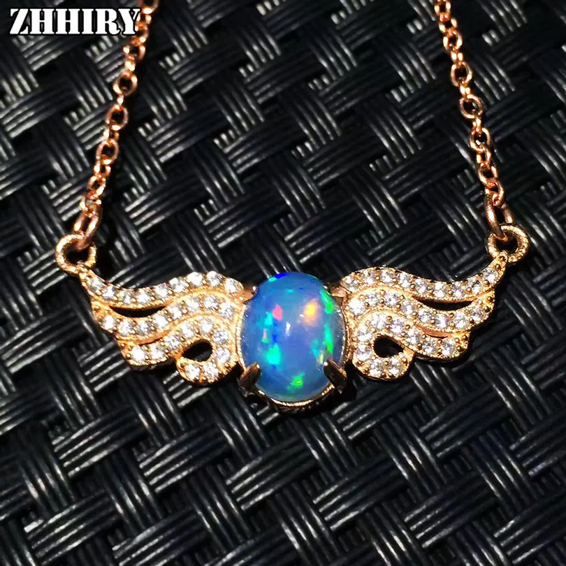 

ZHHIRY Natural Opal Necklace Pendant Genuine 925 Sterling Silver For Women Angel Wings Fire Color Gemstone Fine Jewelry