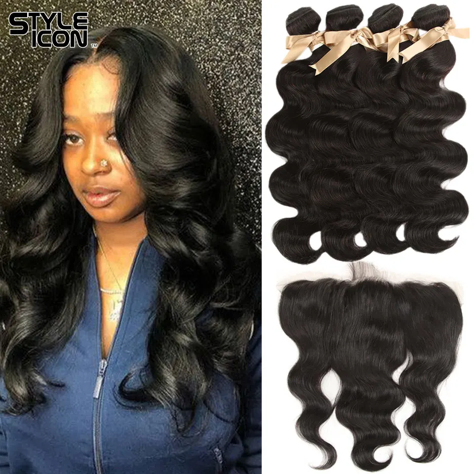 Styleicon Brazilian Body Wave with Closure 13X4 Lace Frontal Body Wave 4 Bundles with Closure Human Hair Bundles with Frontal