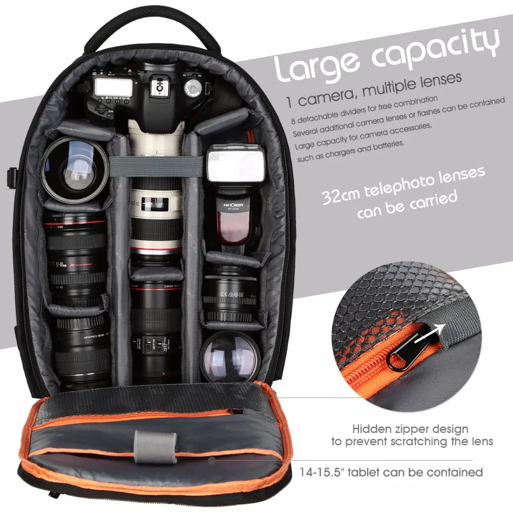 K&F Concept Водонепроницаемый рюкзак для фотоаппарата DSLR Рюкзак Сумка Черный для Canon для Nikon для Sony
