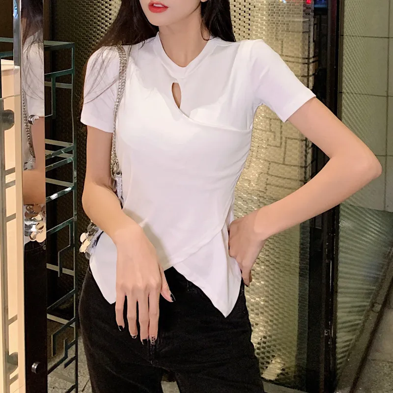 Женская футболка с вырезами Colorfaith повседневная однотонная черная или белая T5051