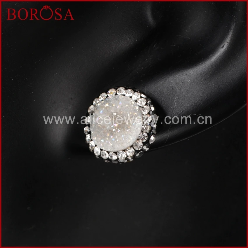 Круглые серьги гвоздики BOROSA из натурального агата Drusy титана AB Druzy с выложенным