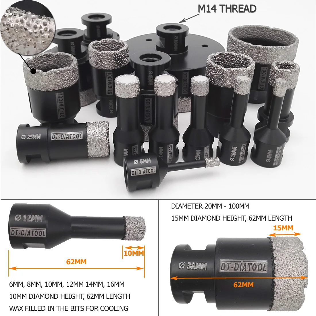 DT-DIATOOL диаметр 60 мм профессиональный сухой вакуумной пайки Алмазные сверла коронки для гранита мрамора плитка отверстие пилы с резьбой M14 от AliExpress RU&CIS NEW