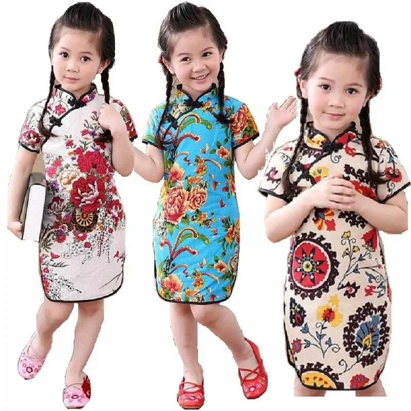 Сливы клуб цветок детей Qipao Платья для женщин девочек Cheongsam linenclothes Платье