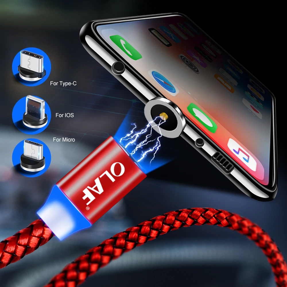 Магнитный кабель OLAF со светодиодной оплеткой Type C Micro USB зарядный usb для iphone X 7 8 6 Xs