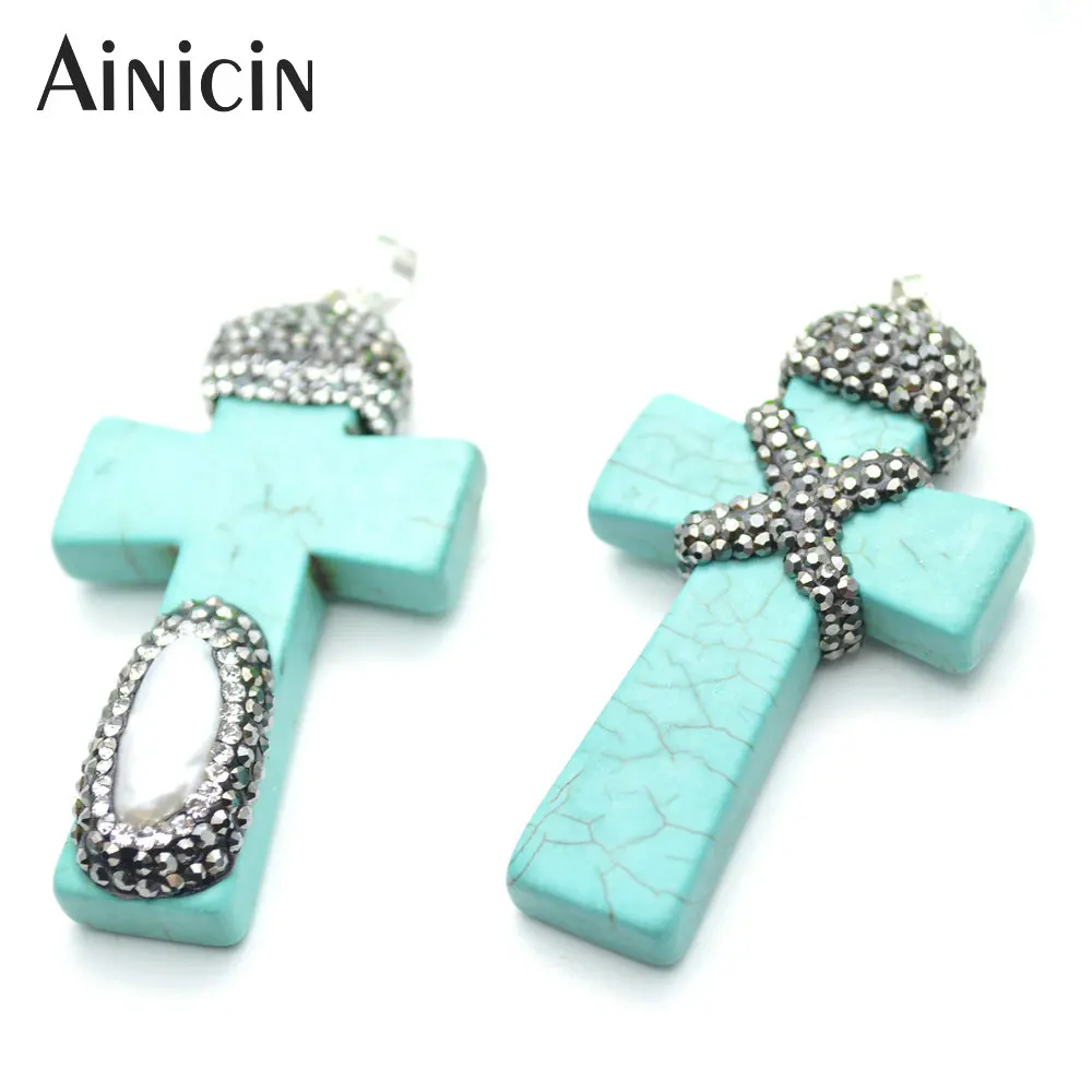 

5 шт Новое прибытие синий Howlite Крест Форма Подвески черный горный хрусталь кристалл проложили ювелирные изделия для мужчин и женщин ювелирн...