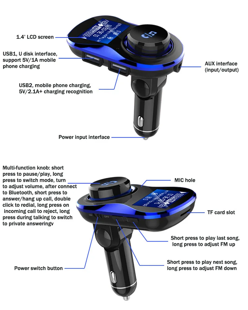 Jajabor Bluetooth Автомобильный fm-передатчик Bluetooth автомобильный комплект громкой связи AUX 3,5 мм аудио плеер двойной USB зарядное устройство большой экран дисплей