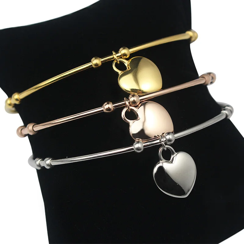 New Bangles design Stainless Steel Yellow Gold Bangle Bracelets Heart Charm Women Costume Jewellery High Quality|yellow gold bangle|design
