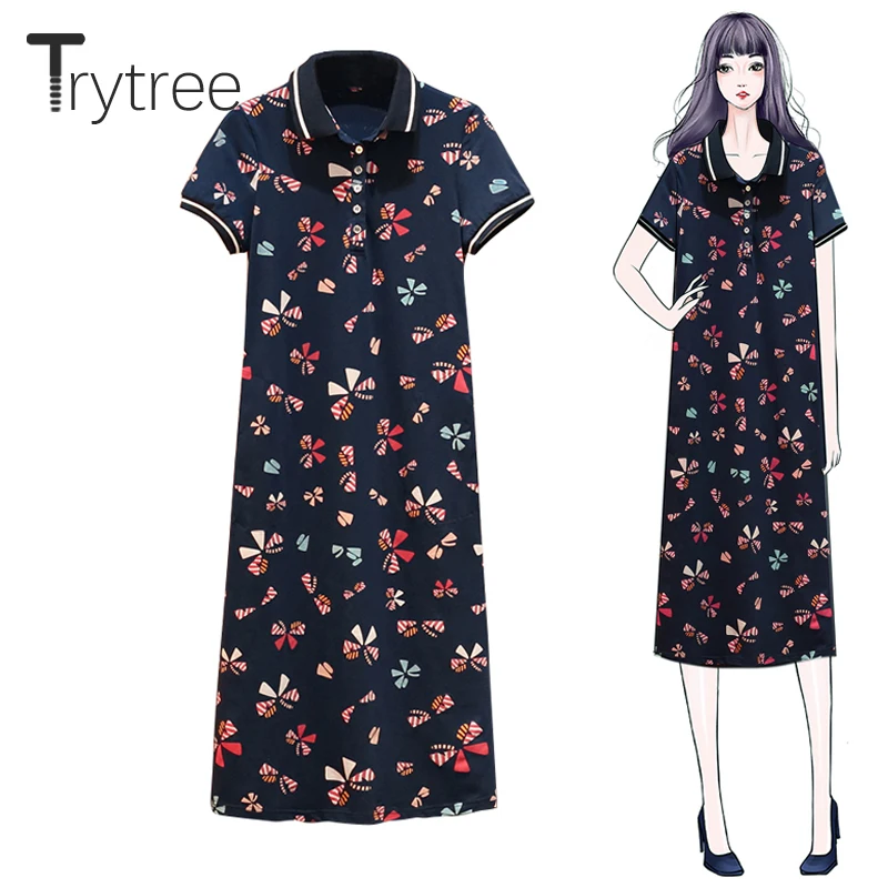 

Trytree Summer High Street Print Cotton Polyester Dress Women Turn-down Collar Botton T-shirt dress Mid-Calf Loose Casual Dress