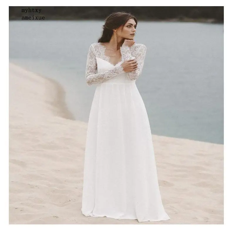 

Sexy Boho White Cheap Wedding Dress Deep V Neck Lace Top Chiffon Bride Dress Elegant Floor Length Gown 2020 Vestido De Noiva