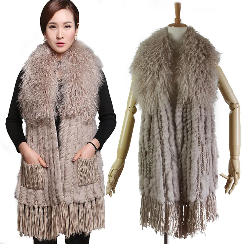 Женский трикотажный жилет зимний из натурального меха монгольского кролика с