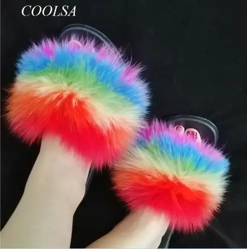 8 COOLSA/Новые модные женские тапочки с натуральным лисьим мехом; милые пушистые пляжные шлепанцы; женские разноцветные меховые плюшевые тапочки; - Цвет: 8