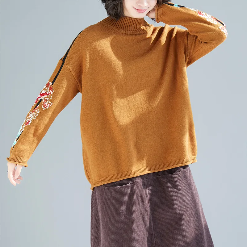 Женский вязаный пуловер с цветочной вышивкой Johnature повседневный свободный