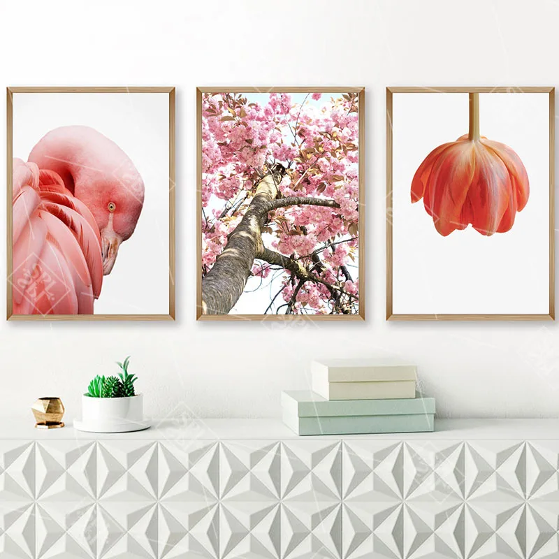

Pink Tulip Flower Canvas Painting Flamingo Animals Posters and Prints Wall Art Pictures for Living Room Home Decoration No Frame